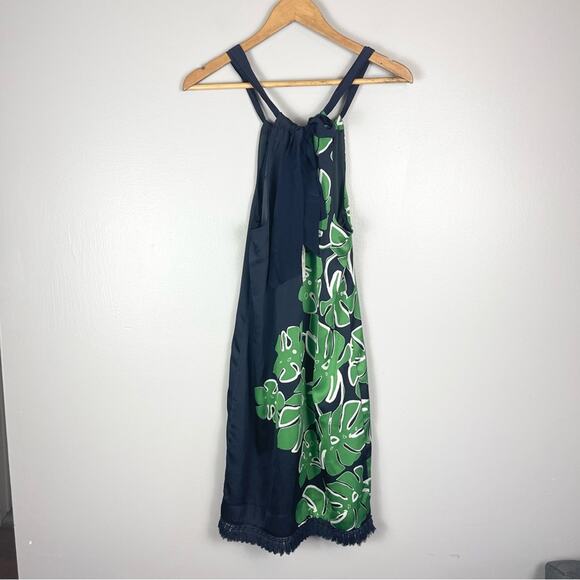 Trina Turk Hot Leaf Printed Halter Mini Dress Size 0 Navy Blue and Green - Picture 9 of 14